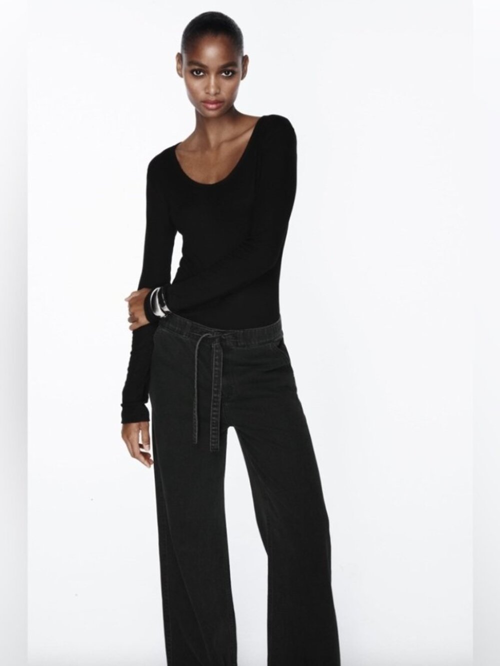 Zara Wide Leg Jeans Women’s Large Black Denim High Rise - Picture 6 of 16